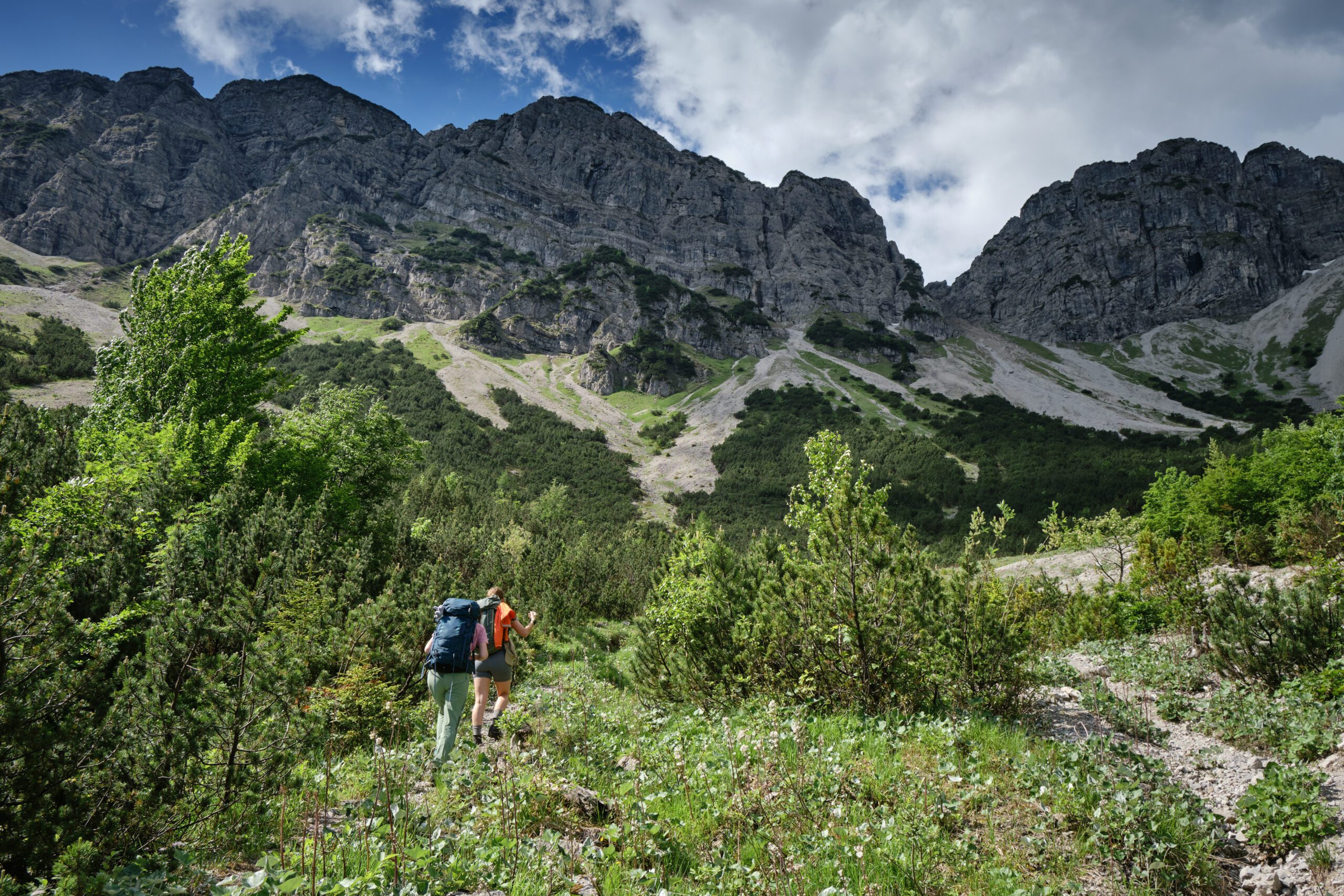 Zwei Wanderer sind in den Bergen unterwegs. Um sie herum wächst noch niedriges Gebüsch. Sie gehen auf einen Geröllhang in der Ferne zu. Der zieht sich zu felsigen Wänden hinauf. Dort entlang geht der Weg auf den Schinder. Von Links: Österreischischer Schinder, Schindertor und Bayerischer Schinder.